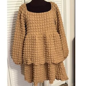 Simply Southern Popcorn Fabric Tiered Mini Dress Tan Square Neck Long Sleeve M